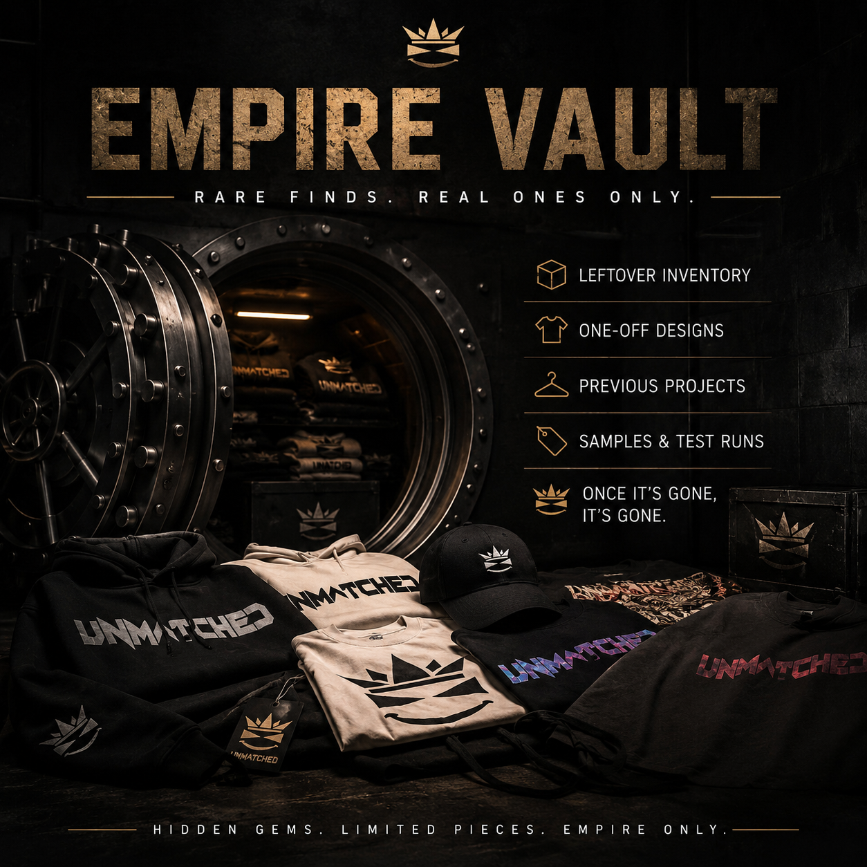 Empire Vault collection graphic showing rare finds, leftover inventory, one-off designs, previous projects, samples and test runs