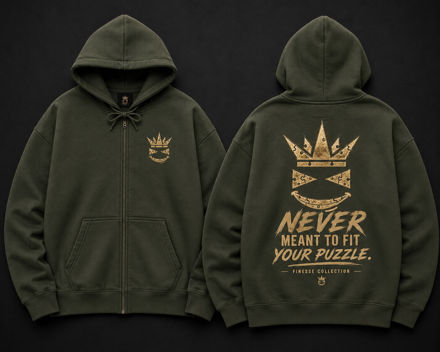 Military green Finesse full-zip hoodie front and back mockup