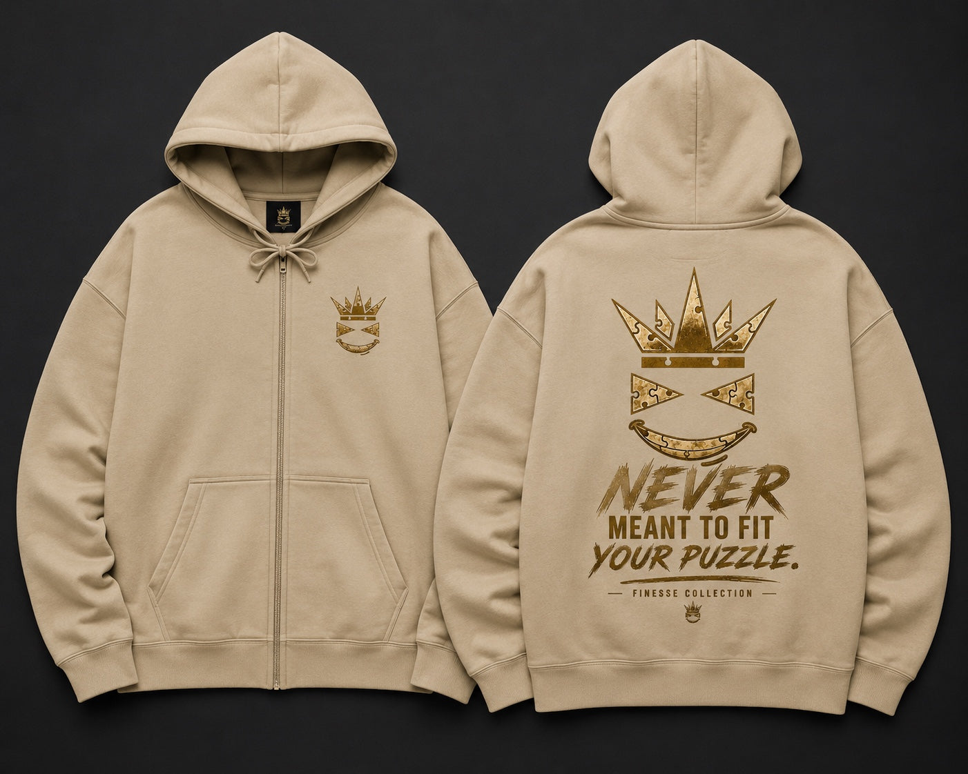 Sand Finesse full-zip hoodie front and back mockup