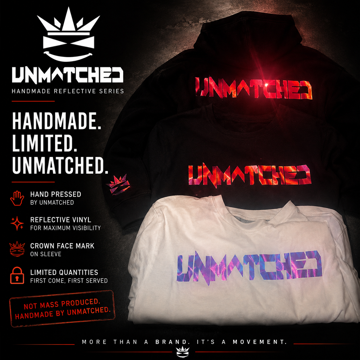 UnMatched Handmade Reflective Series graphic showing limited handmade reflective apparel and Crown Face sleeve mark